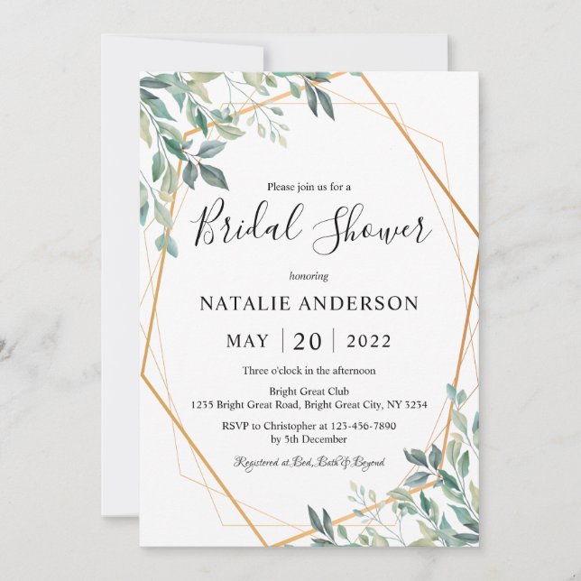 Elegant Eucalyptus Greenery Gold Bridal Shower Invitation (Front)