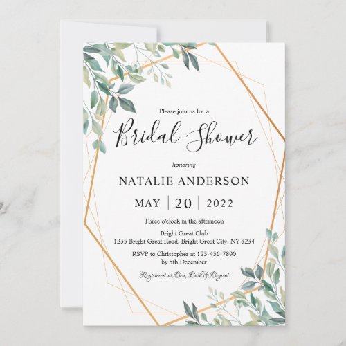 Elegant Eucalyptus Greenery Gold Bridal Shower Invitation