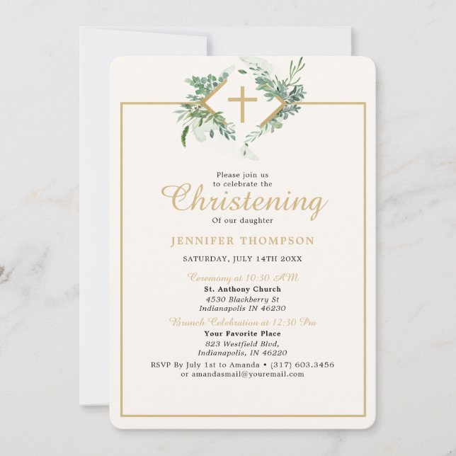 Elegant Eucalyptus Greenery Gold Christening Invitation (Front)