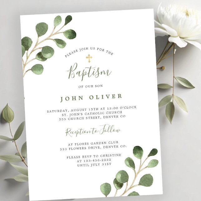 Elegant eucalyptus greenery gold cross Baptism Invitation (Creator Uploaded)