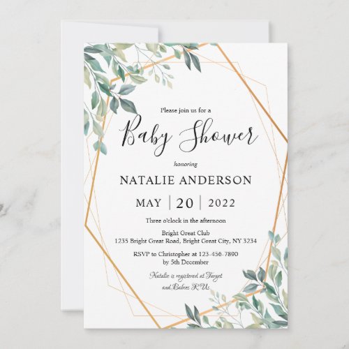 Elegant Eucalyptus Greenery Gold Frame Baby Shower Invitation