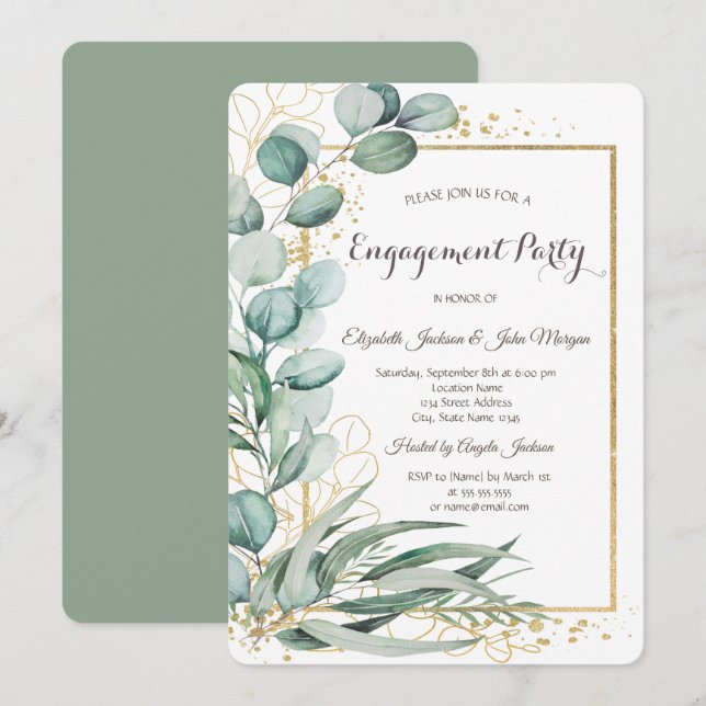 Elegant Eucalyptus Greenery Gold Frame Engagement  Invitation (Front/Back)