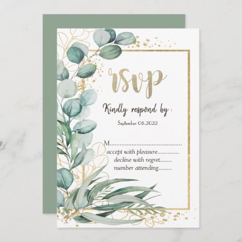 Elegant Eucalyptus Greenery Gold Frame RSVP   Invitation