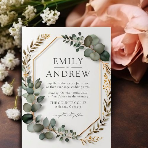 Elegant Eucalyptus Greenery Gold Frame Wedding  Invitation