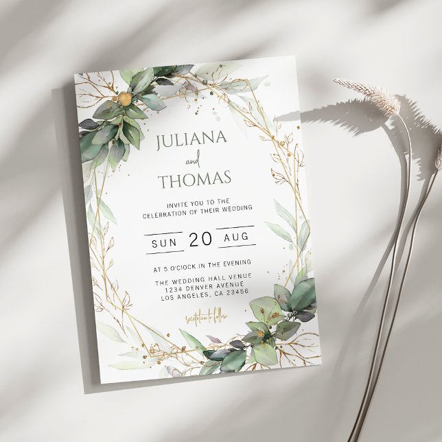 Elegant Eucalyptus Greenery Gold Frame Wedding Invitation (Creator Uploaded)