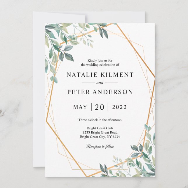 Elegant Eucalyptus Greenery Gold Frame Wedding Invitation (Front)