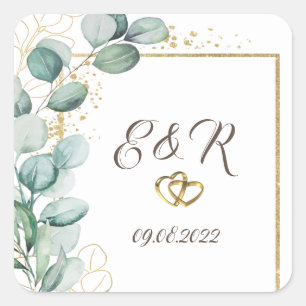 Elegant Eucalyptus Greenery Gold Frame Wedding Square Sticker