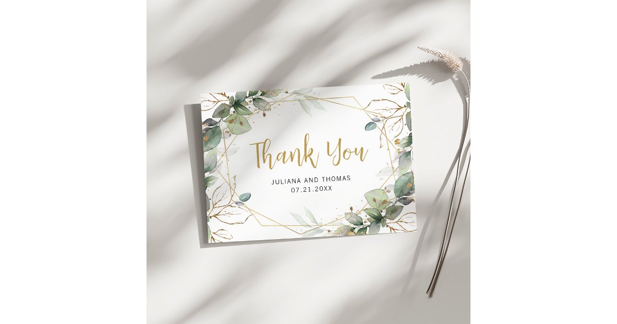 Elegant Eucalyptus Greenery Gold Frame Wedding Thank You Card | Zazzle