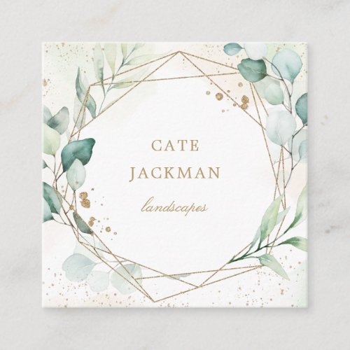 Elegant Eucalyptus Greenery Gold Geometric Rustic Square Business Card