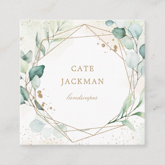 Elegant Eucalyptus Greenery Gold Geometric Rustic Square Business Card (Front)