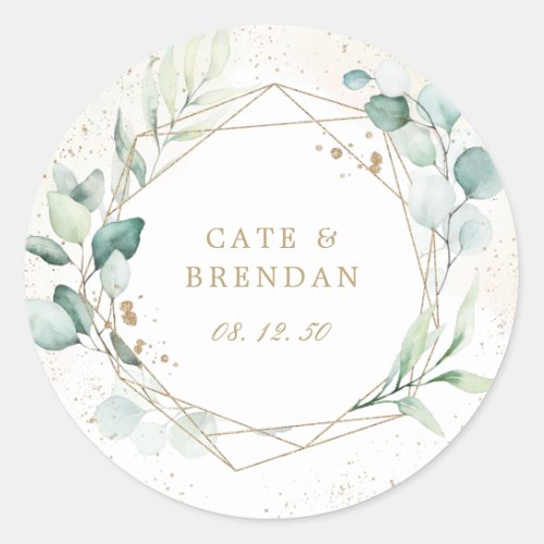 Elegant Eucalyptus Greenery Gold Geometric Wedding Classic Round Sticker
