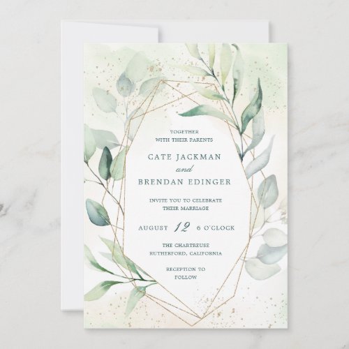 Elegant Eucalyptus Greenery Gold Geometric Wedding Invitation