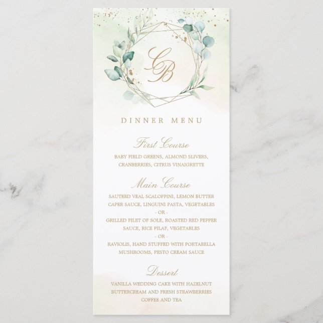 Elegant Eucalyptus Greenery Gold Geometric Wedding Menu (Front)