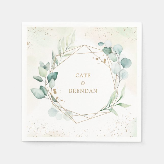 Elegant Eucalyptus Greenery Gold Geometric Wedding Napkins (Front)