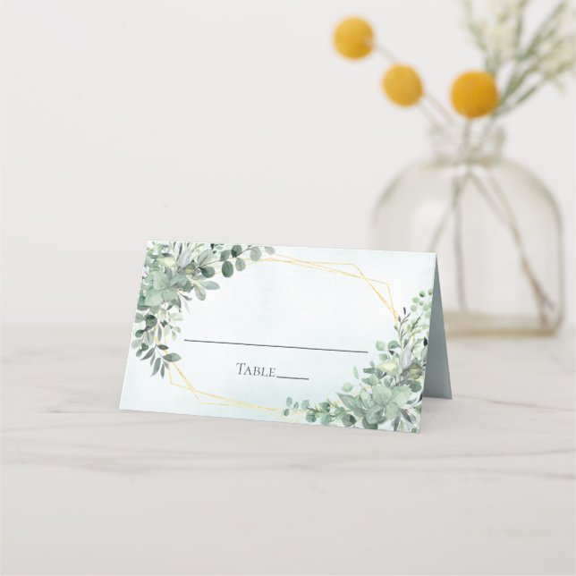 Elegant Eucalyptus Greenery Gold Geometric Wedding Place Card (Front)