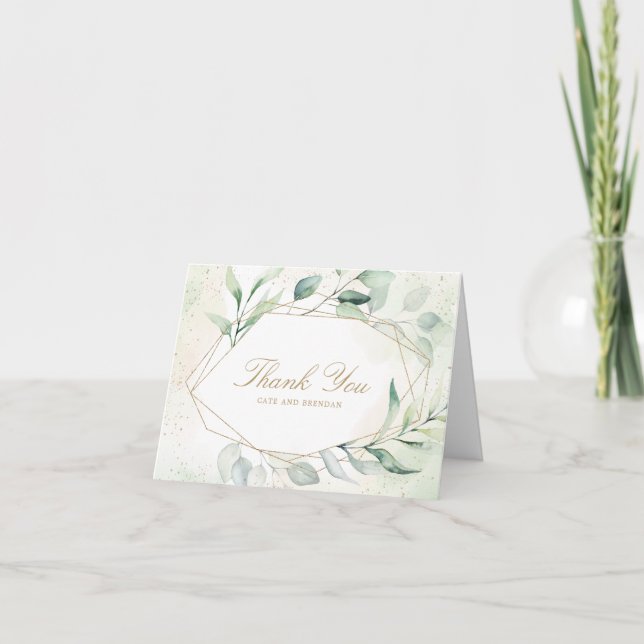 Elegant Eucalyptus Greenery Gold Geometric Wedding Thank You Card (Front)