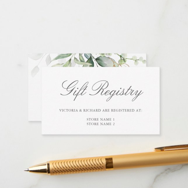 Elegant Eucalyptus Greenery Gold Gift Registry Enclosure Card (Front/Back In Situ)