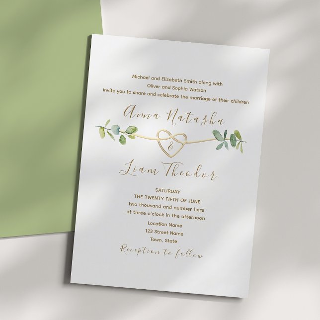 Elegant Eucalyptus Greenery Gold Heart Wedding Invitation (Creator Uploaded)