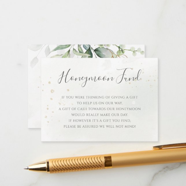 Elegant Eucalyptus Greenery Gold Honeymoon Fund Enclosure Card (Front/Back In Situ)