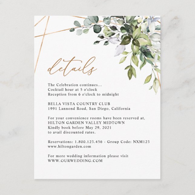 Elegant Eucalyptus Greenery Gold Info Details Enclosure Card (Front)