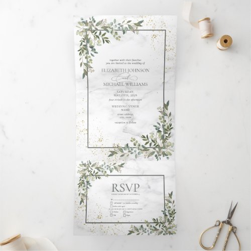 Elegant Eucalyptus Greenery Gold Marble Photo Tri_Fold Invitation