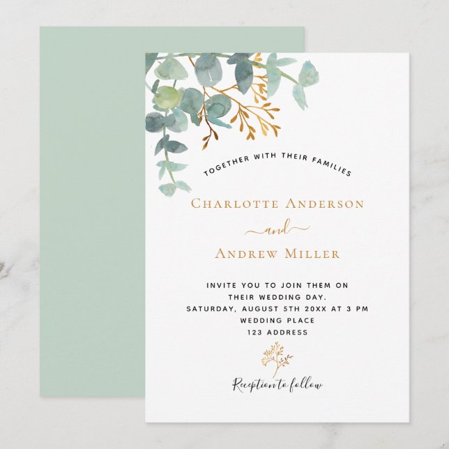 Elegant eucalyptus greenery gold modern wedding invitation (Front/Back)