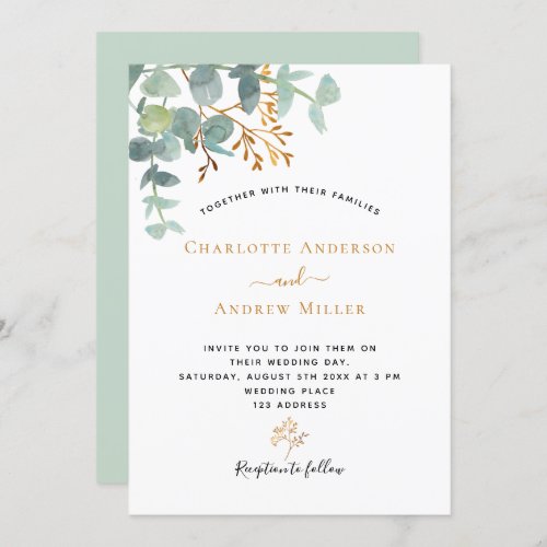 Elegant eucalyptus greenery gold modern wedding invitation
