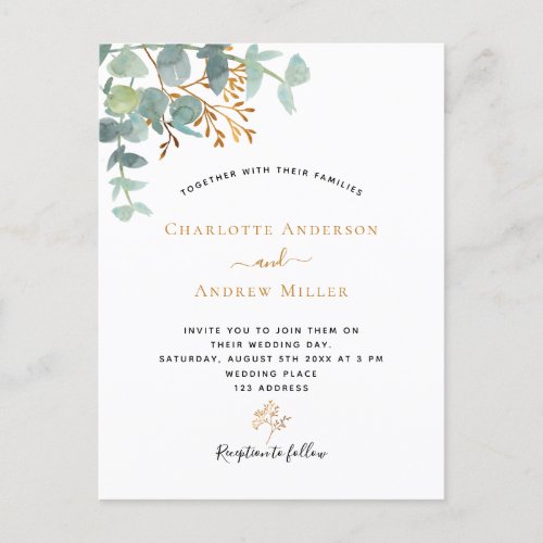 Elegant eucalyptus greenery gold modern wedding postcard