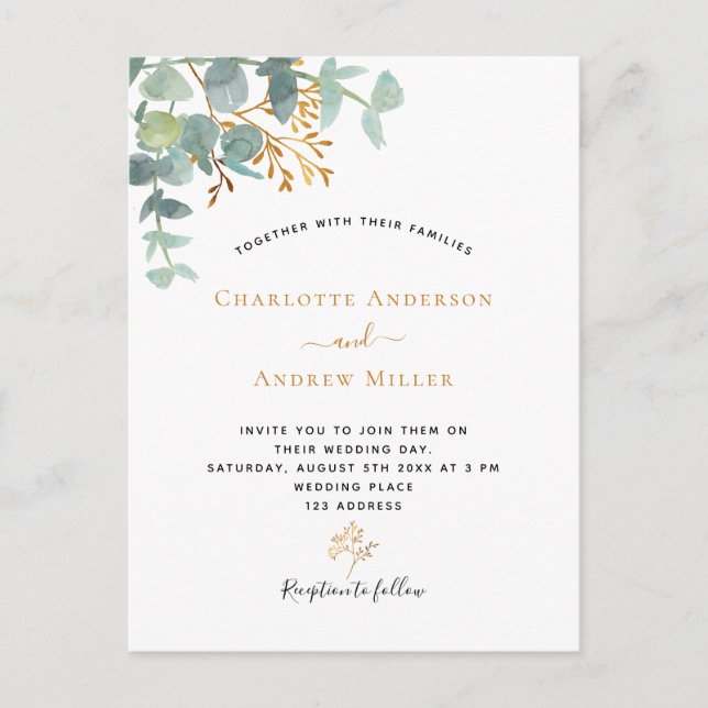 Elegant eucalyptus greenery gold modern wedding postcard (Front)