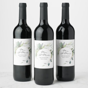 Elegant Eucalyptus Greenery Gold Mr. & Mrs. Wine Label