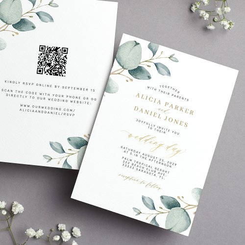 Elegant eucalyptus greenery gold QR RSVP wedding Invitation
