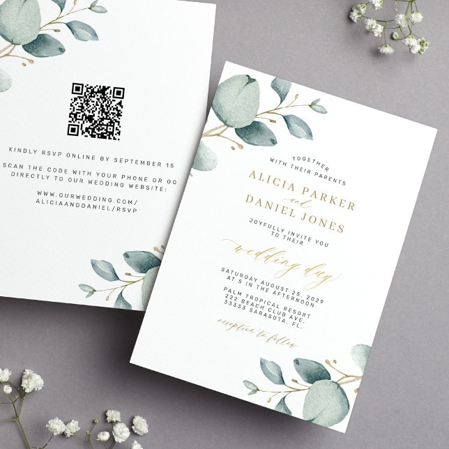 Elegant eucalyptus greenery gold QR RSVP wedding Invitation (Creator Uploaded)