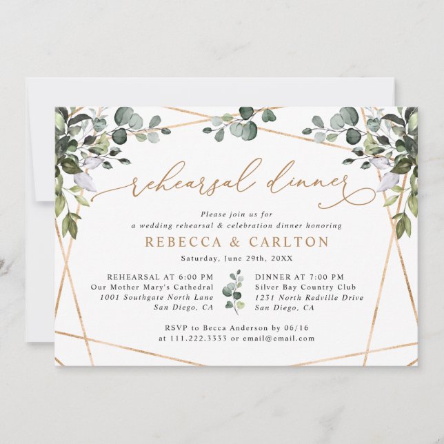 Elegant Eucalyptus Greenery Gold Rehearsal Dinner Invitation (Front)