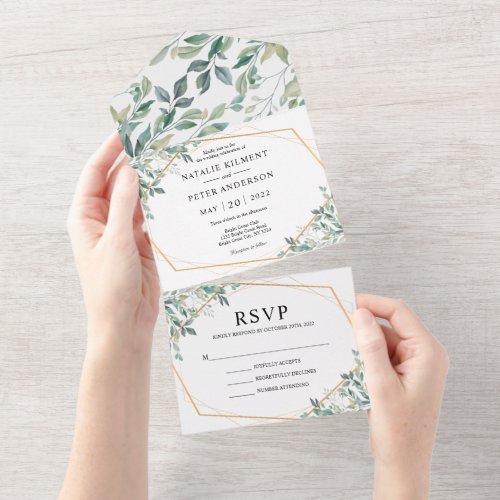 Elegant Eucalyptus Greenery Gold Rustic Wedding All In One Invitation