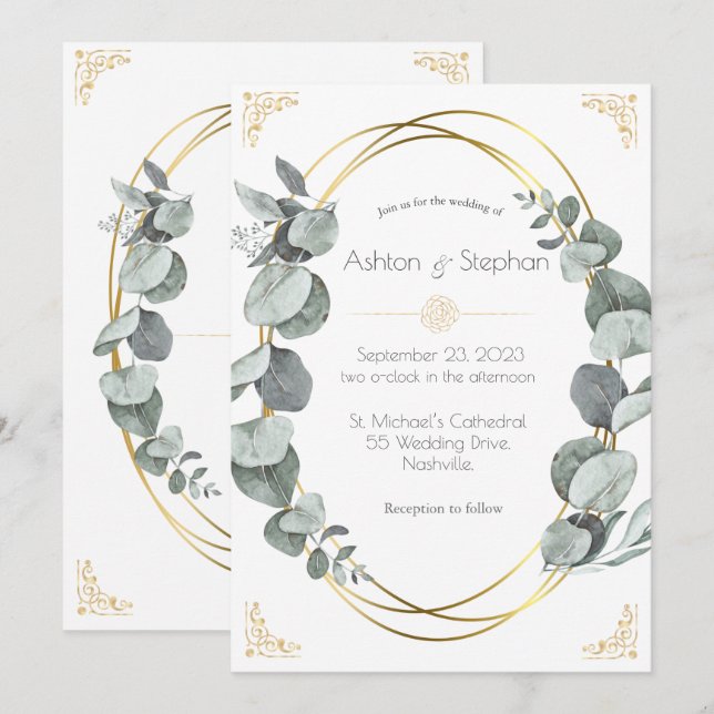 Elegant Eucalyptus Greenery Gold Wedding Invitation (Front/Back)