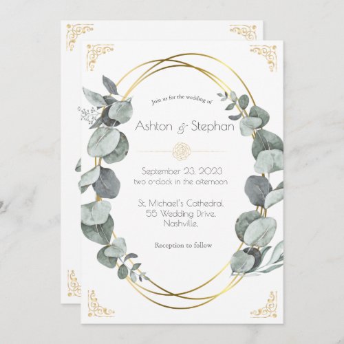 Elegant Eucalyptus Greenery Gold Wedding Invitation