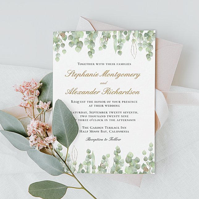 Elegant Eucalyptus Greenery Gold Wedding Invitation (Creator Uploaded)