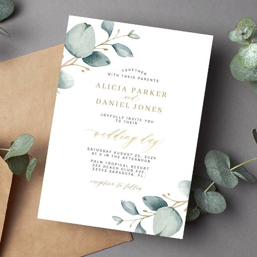 Elegant eucalyptus greenery gold wedding invitation