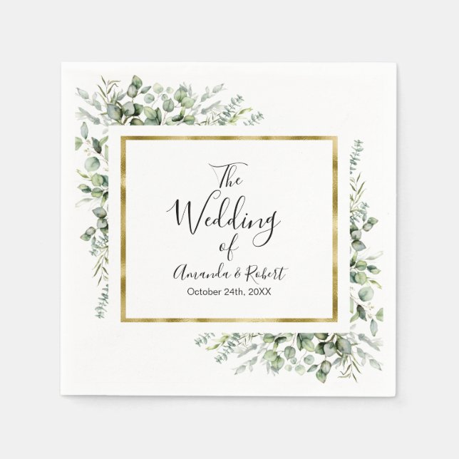 Elegant Eucalyptus Greenery Gold Wedding Napkin (Front)