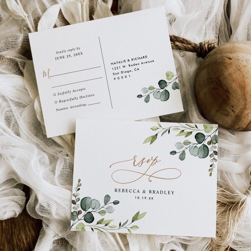 Elegant Eucalyptus Greenery Gold Wedding Rsvp Postcard