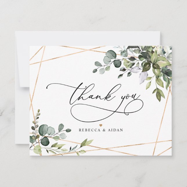Elegant Eucalyptus Greenery Gold Wedding Thank You Card (Front)