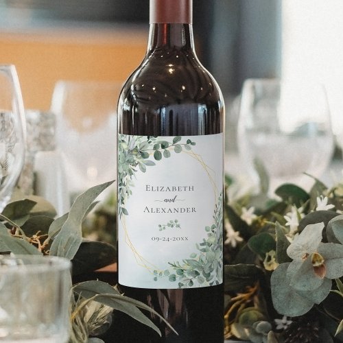 Elegant Eucalyptus Greenery Gold Wedding Wine Label