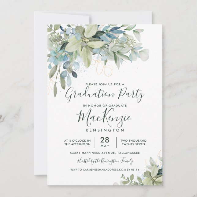 Elegant Eucalyptus Greenery Graduation Party Invitation (Front)