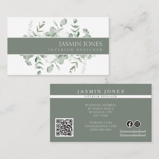 Elegant Eucalyptus Greenery Interior Designer Business Card (Front/Back)