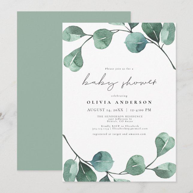 Elegant Eucalyptus Greenery Leaf Baby Shower Invitation (Front/Back)