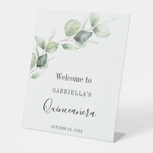 Elegant Eucalyptus Greenery Leaves Mis Quince Anos Pedestal Sign