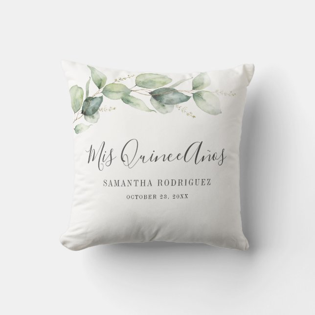 Elegant Eucalyptus Greenery Leaves Mis Quince Anos Throw Pillow (Front)