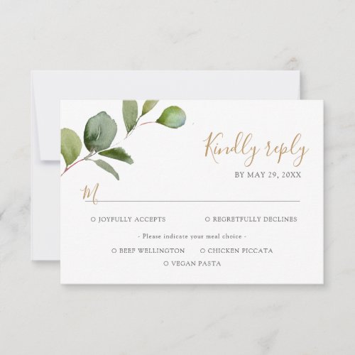 Elegant Eucalyptus Greenery Meal Options RSVP Card - Designed to coordinate with our Mixed Greenery wedding collection, this customizable Meal Options Reply card features a watercolor eucalyptus branch paired with gold and gray text. To make advanced changes, go to "Click to customize further" option under Personalize this template.