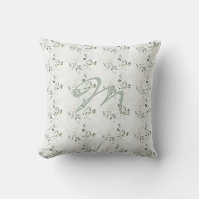 Elegant Eucalyptus Greenery Monogram Throw Pillow (Front)