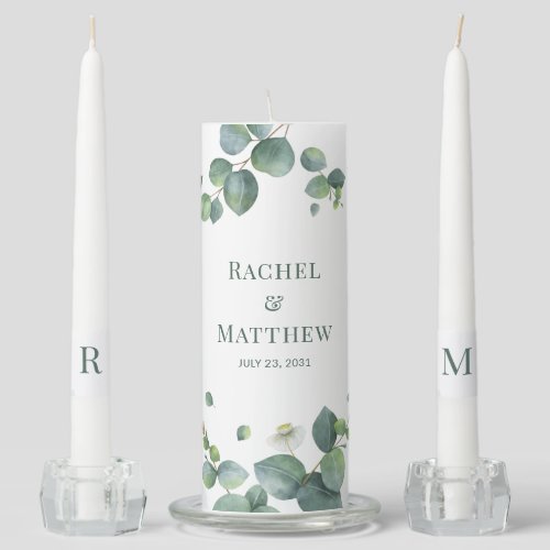 Elegant Eucalyptus Greenery Monogram Wedding Unity Candle Set